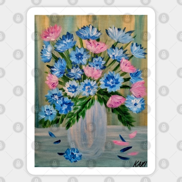vibrant pink and blue bouquet of flowers in a silver and gold vase Sticker by kkartwork